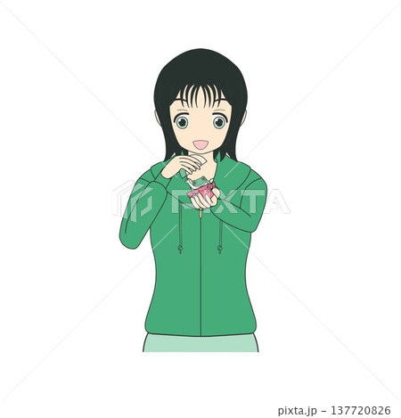 カプセルトイを開けて中身に喜ぶ女性のイラスト ガチャガチャ 137720826