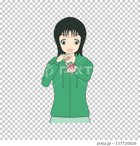 カプセルトイを開けて中身に喜ぶ女性のイラスト ガチャガチャ 137720826