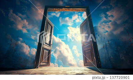 open door to paradise with light at the end, new life and opportunity concept, changes and right decision, religion and god concept 137720901