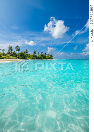 Idyllic tropical beach with pristine lagoon and turquoise ocean, golden sunshine bathing soft white sand, serene summer vacation vibes, exotic paradise escape 137721664
