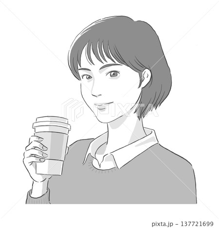 コーヒーを手に持つボブの女性のモノトーンのイラスト 137721699