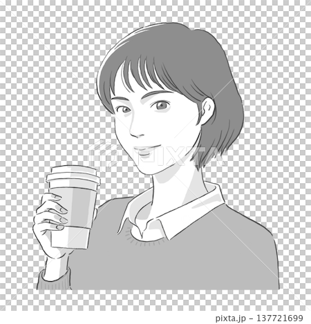一幅單色插圖,描繪了一位留著波波頭的女士手捧一杯咖啡。 一幅單色插圖,描繪了一位留著波波頭的女士手捧一杯咖啡。 137721699
