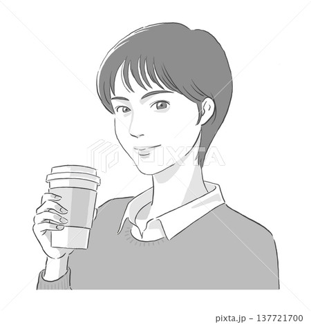 コーヒーを手に持つショートの女性のモノトーンのイラスト 137721700