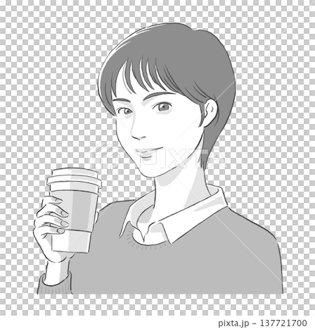 コーヒーを手に持つショートの女性のモノトーンのイラスト 137721700