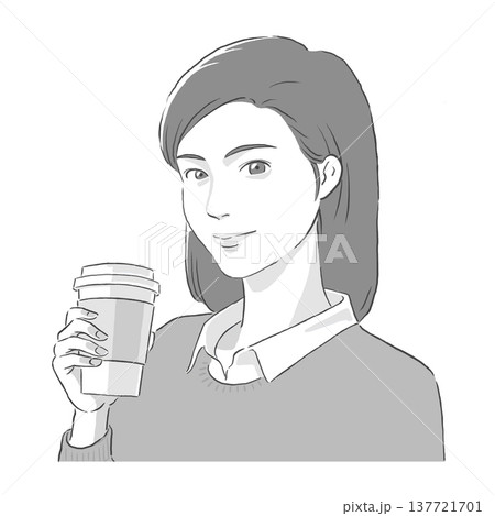 コーヒーを手に持つセミロングの女性のモノトーンのイラスト コーヒーを手に持つセミロングの女性のモノトーンのイラスト 137721701