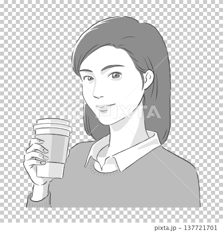 コーヒーを手に持つセミロングの女性のモノトーンのイラスト コーヒーを手に持つセミロングの女性のモノトーンのイラスト 137721701