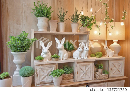 Decorative shelf with potted plants and ceramic rabbits in cozy interior 137721720