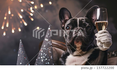 cute french bulldog celebrating with glass of champagne, funny dog toasting and cheering with glass of alcohol cute french bulldog celebrating with glass of champagne, funny dog toasting and cheering with glass of alcohol 137722200