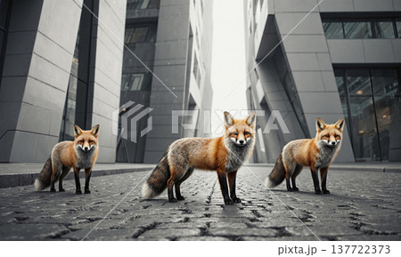 Fox urban wildlife Three red foxes stand on a cobblestone street between modern city buildings in a nature contrast 137722373