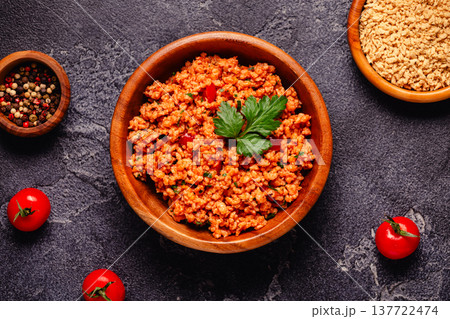 Vegan plant based meat, soybean mince, ready to eat. Vegan plant based meat, soybean mince, ready to eat. 137722474