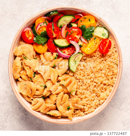 Bowl of quinoa with vegan soy meat and vegetables. Bowl of quinoa with vegan soy meat and vegetables. 137722487