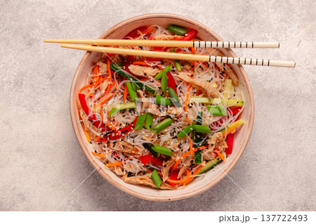 Bowl of rice noodles with vegan soy meat and vegetables. Bowl of rice noodles with vegan soy meat and vegetables. 137722493