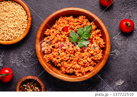 Vegan plant based meat, soybean mince, ready to eat. Vegan plant based meat, soybean mince, ready to eat. 137722510