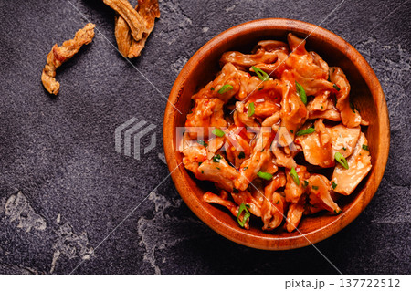 Vegan plant based meat, soybean meat in tomato sauce. Vegan plant based meat, soybean meat in tomato sauce. 137722512