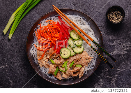 Bowl of rice noodles with vegan soy meat and vegetables. Bowl of rice noodles with vegan soy meat and vegetables. 137722521