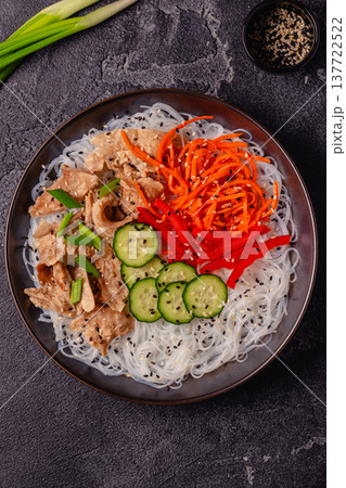 Bowl of rice noodles with vegan soy meat and vegetables. Bowl of rice noodles with vegan soy meat and vegetables. 137722522
