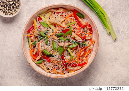 Bowl of rice noodles with vegan soy meat and vegetables. Bowl of rice noodles with vegan soy meat and vegetables. 137722524