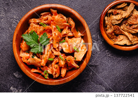 Vegan plant based meat, soybean meat in tomato sauce. Vegan plant based meat, soybean meat in tomato sauce. 137722541