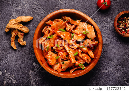 Vegan plant based meat, soybean meat in tomato sauce. Vegan plant based meat, soybean meat in tomato sauce. 137722542