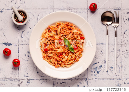 Vegan Bolognese Pasta with plant based minced meat. Vegan Bolognese Pasta with plant based minced meat. 137722546