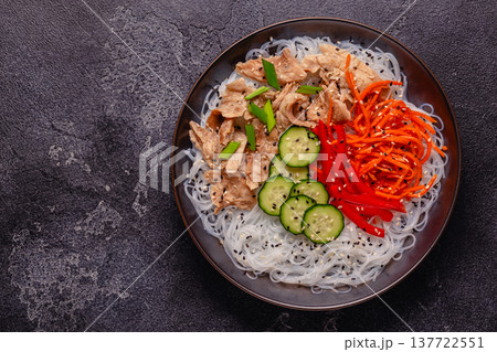 Bowl of rice noodles with vegan soy meat and vegetables. 137722551