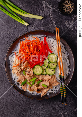 Bowl of rice noodles with vegan soy meat and vegetables. Bowl of rice noodles with vegan soy meat and vegetables. 137722552
