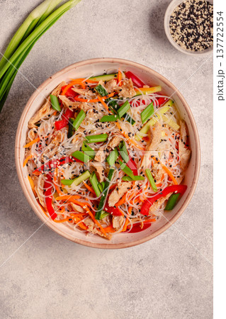 Bowl of rice noodles with vegan soy meat and vegetables. Bowl of rice noodles with vegan soy meat and vegetables. 137722554