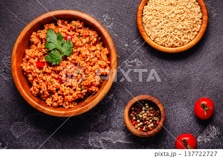 Vegan plant based meat, soybean mince, ready to eat. Vegan plant based meat, soybean mince, ready to eat. 137722727