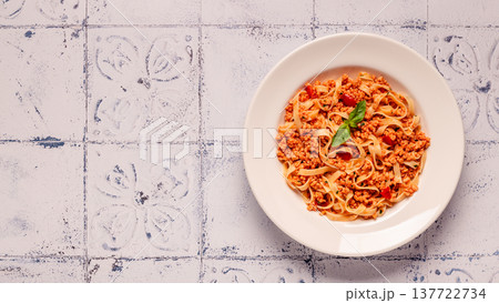 Vegan Bolognese Pasta with plant based minced meat. 137722734