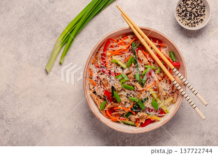 Bowl of rice noodles with vegan soy meat and vegetables. Bowl of rice noodles with vegan soy meat and vegetables. 137722744