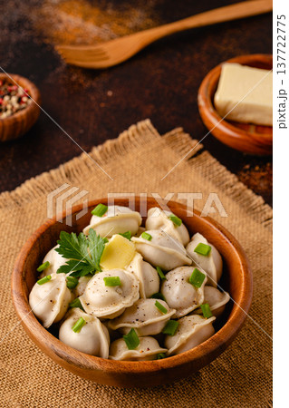 Homemade meat dumplings - russian pelmeni. Homemade meat dumplings - russian pelmeni. 137722775