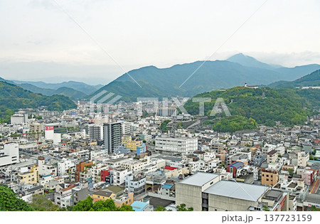 現存天守宇和島城の天守閣から望む山々に囲まれた宇和島市街地の全景 現存天守宇和島城の天守閣から望む山々に囲まれた宇和島市街地の全景 137723159
