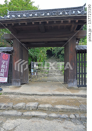 重要文化財に指定された宇和島城の上り立ち門と緑あふれる静謐な石段の風景 137723190