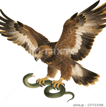 力強く羽ばたくゴールデンイーグルと蛇の伝統画 137723398