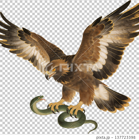 力強く羽ばたくゴールデンイーグルと蛇の伝統画 137723398