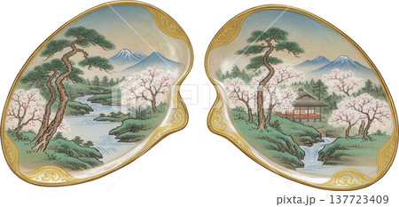 桜と富士山が描かれた日本の春景色、伝統的な装飾皿 137723409