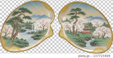 桜と富士山が描かれた日本の春景色、伝統的な装飾皿 137723409