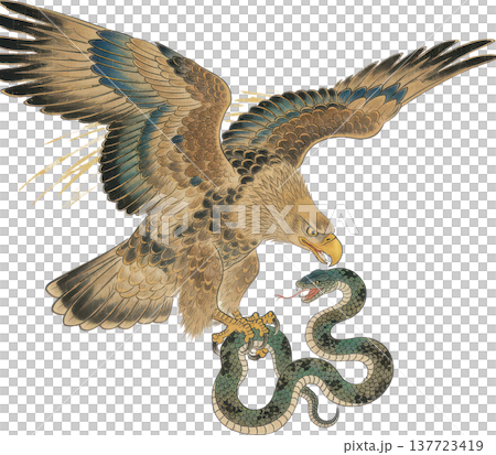 金色の鷲が蛇を捕らえる、力強い伝統日本画 金色の鷲が蛇を捕らえる、力強い伝統日本画 137723419