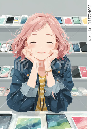 絵美シリーズ：携帯ショップでスマホを選ぶピンク髪の若い女性 絵美シリーズのイラスト素材 137724662