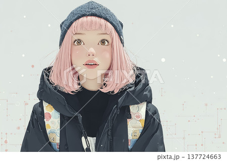 絵美シリーズ：ニット帽とダウンジャケットのピンク髪の若い女性 冬の絵美シリーズイラスト素材 137724663