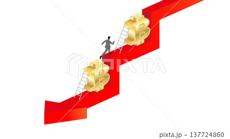 Isometric 3D Businessman Running Up Against Falling Red Arrow Graph Using Bitcoin Symbols and Ladders for Cryptocurrency Crisis Recovery, Digital Asset Investment Strategy and Loss Prevention 137724860