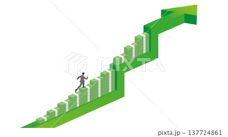 Isometric 3D Businessman Running Up Green Growth Arrow Graph Using Banknote Stacks as Stairs for Financial Success, Wealth Building, Investment Strategy and Business Success Isometric 3D Businessman Running Up Green Growth Arrow Graph Using Banknote Stacks as Stairs for Financial Success, Wealth Building, Investment Strategy and Business Success 137724861
