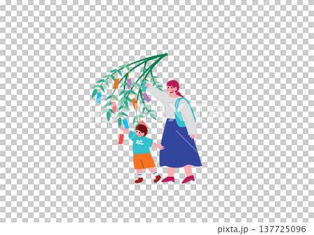 一幅插圖，描繪了一位家長和孩子在紙條上寫下願望的情景。 137725096