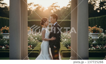 Wedding - Elegant Asian Couple Posing in Formal Attire at Sunset Garden with Stone Columns and Roses 137725266