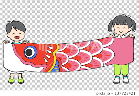 こいのぼりを持つにこにこ笑顔の姉と弟 137725421