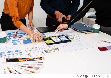 developer team brainstorming on their project with laptop, smartphone and digital tablet. developer team brainstorming on their project with laptop, smartphone and digital tablet. 137725594