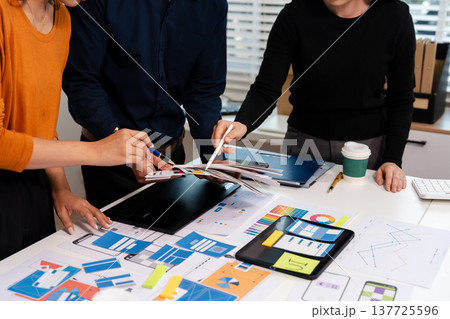 developer team brainstorming on their project with laptop, smartphone and digital tablet. 137725596