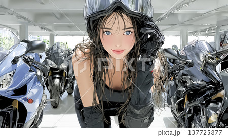 バイク売り場でヘルメットをかぶる若い女性ライダー｜新車選びと用品選びのイメージ 137725877