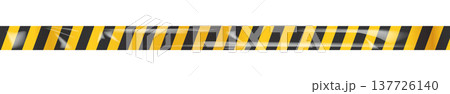 Yellow and black caution tape isolated on white background. Realistic barrier tape with plastic texture and creases. Warning stripe for construction or danger zone. Minimalist vector illustration 137726140