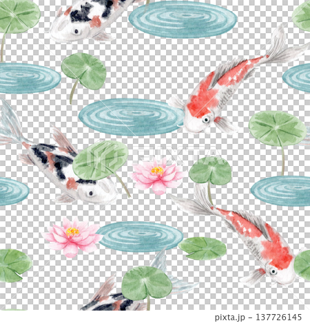 Seamless koi fish watercolor pattern with lotus flowers, lily pads, water ripples. Japanese carp, repeating pond background isolated on white for textile, wallpaper, wrapping, packaging, design 137726145